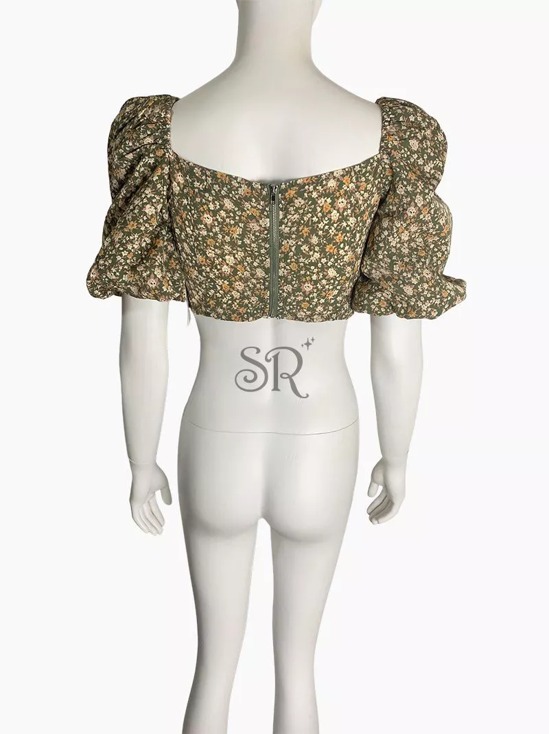 Wholesale Floral Print Puff Sleeve Ruched Bust Cropped Blouse