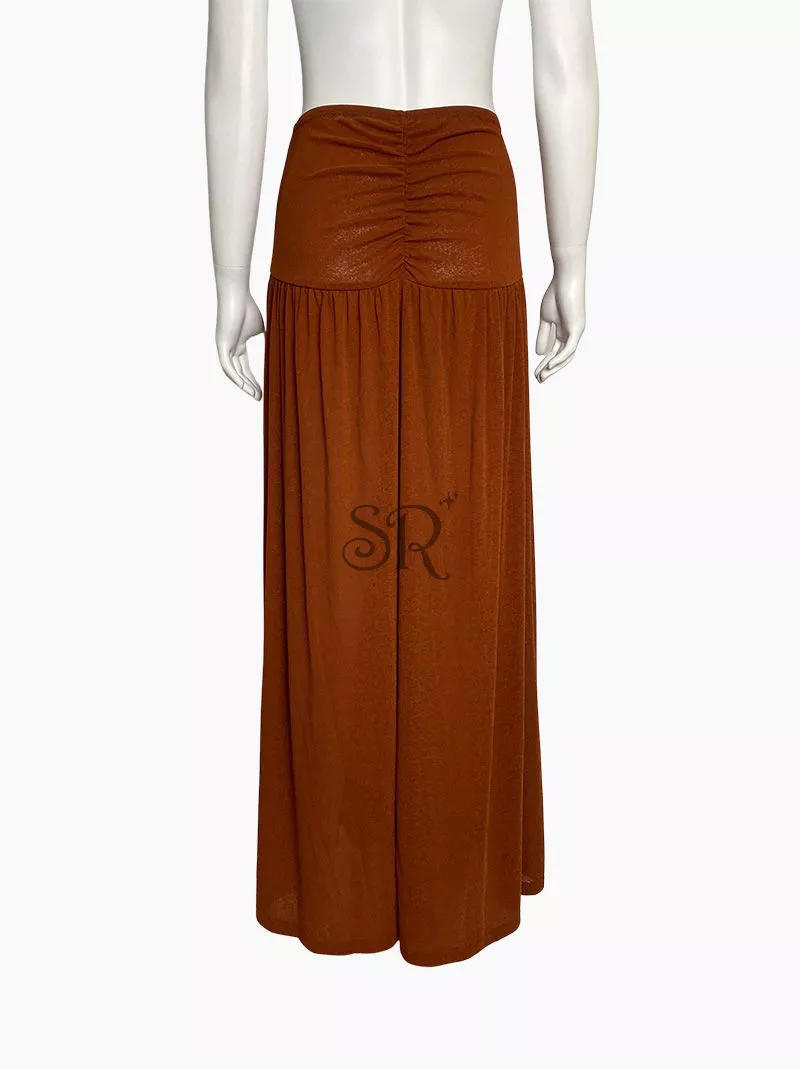 Knitted Ring Detail Gathered Yoke Maxi Skirt in Rust Color