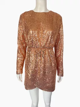 Retro Vintage long Sleeve Wrap Hem Sequin Short Dress for Christmas Party