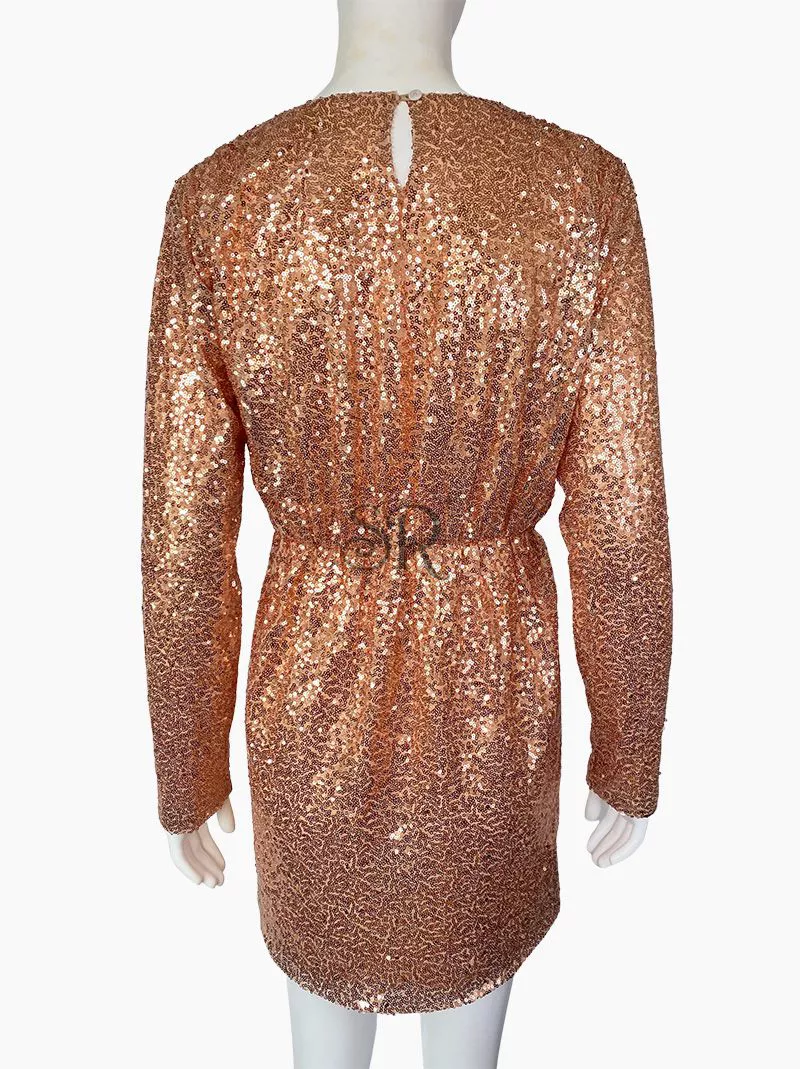 Retro Vintage long Sleeve Wrap Hem Sequin Short Dress for Christmas Party