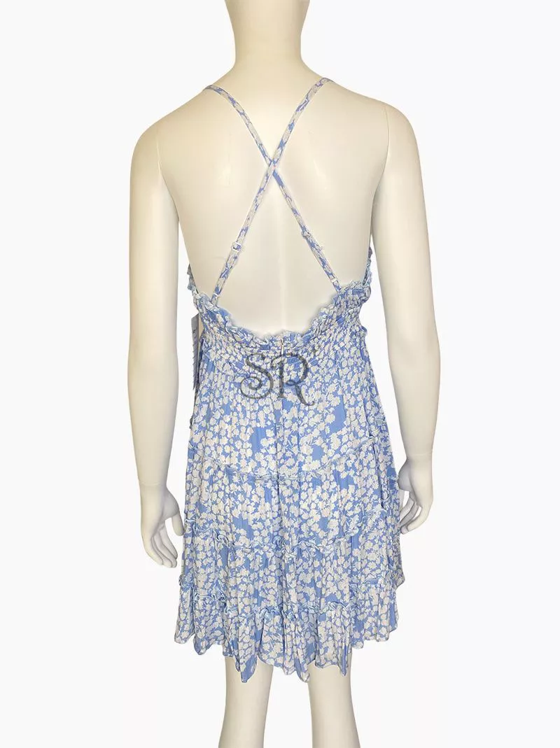 Boho Frill Detail Cami Mini Dress In Blue Floral Print