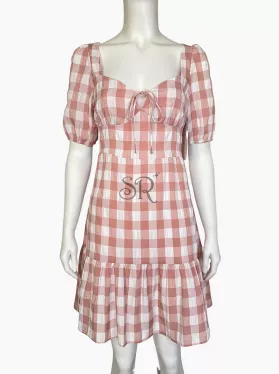 Pink Gingham Ruffle Hem Tie Front Tie Back Dress