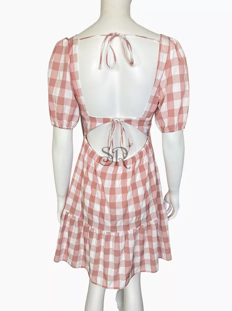 Pink Gingham Ruffle Hem Tie Front Tie Back Dress