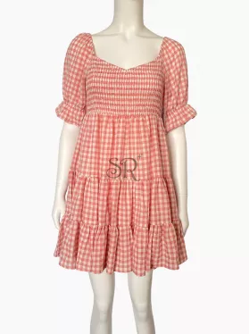 Gingham Print Puff Sleeve Ruffle Hem Tiered Mini Dress