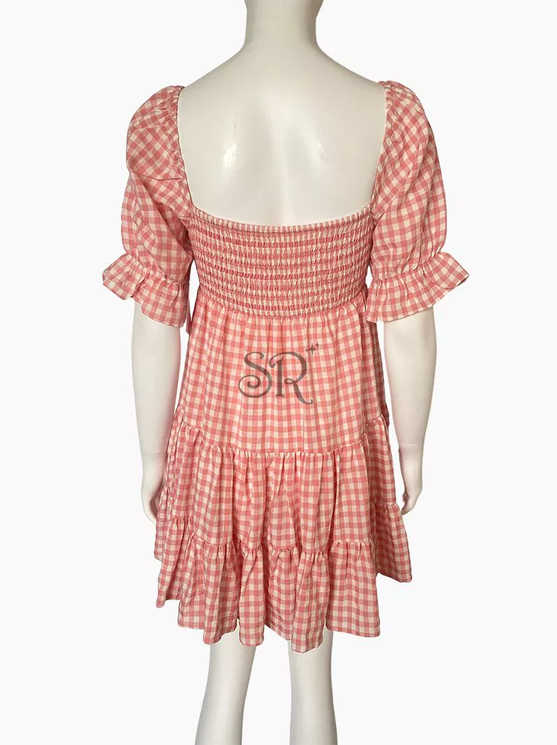 Gingham Print Puff Sleeve Ruffle Hem Tiered Mini Dress