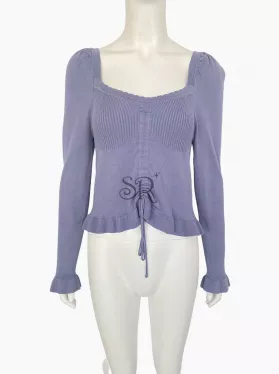 Periwinkle Drawing Front Square Neck Ruffle Sweater