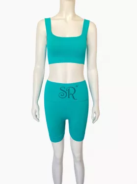 Teal Breathable Softness Sports Bra Top and Wideband Waist Sports Shorts 2pcs Set