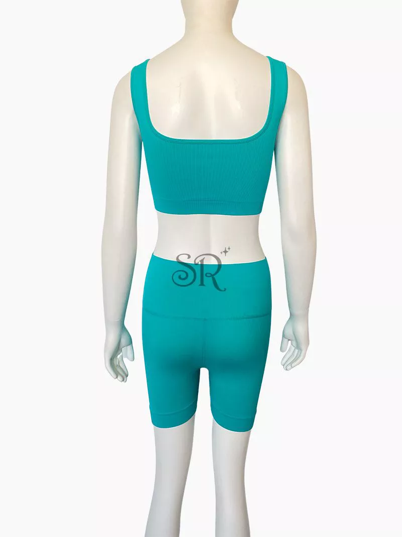 Teal Breathable Softness Sports Bra Top and Wideband Waist Sports Shorts 2pcs Set