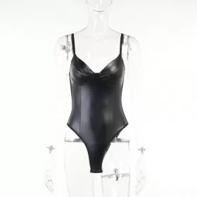 Pu Leather Panels Sexy Suspender Slim Jumpsuit