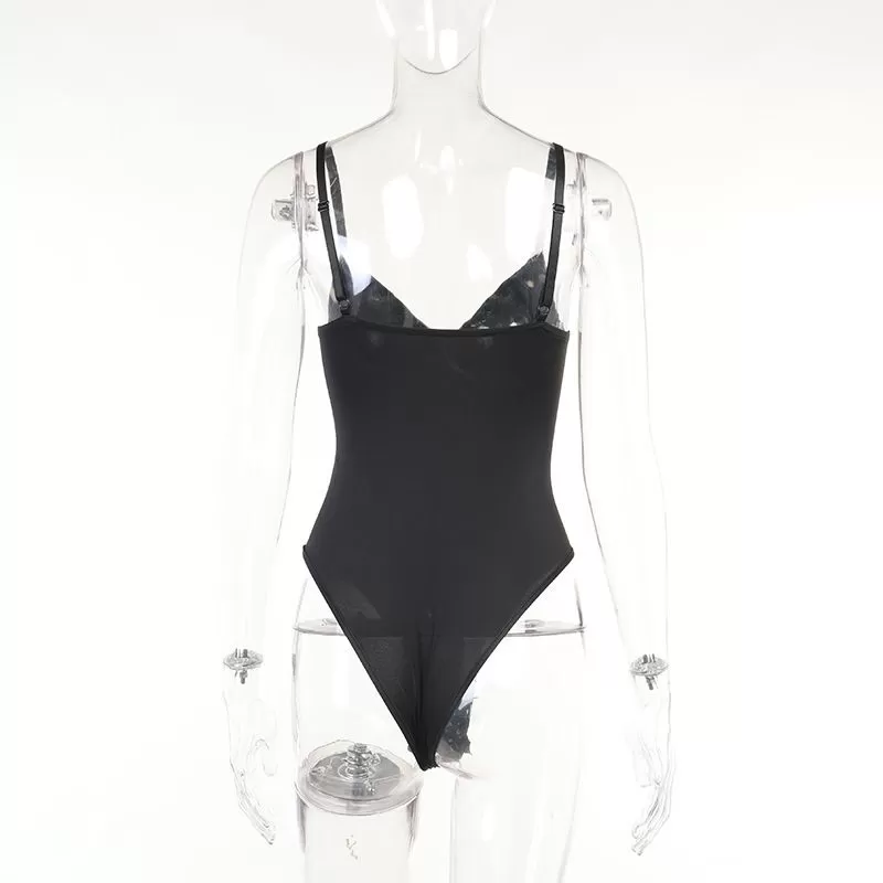 Pu Leather Panels Sexy Suspender Slim Jumpsuit