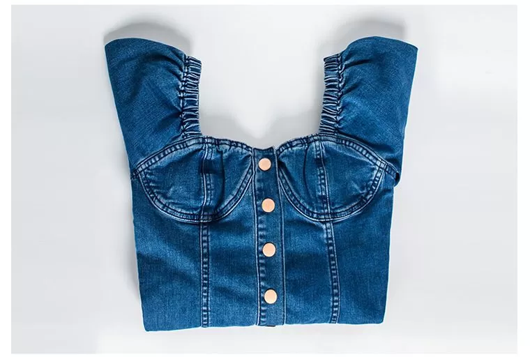 Casual Skinny Denim Square Neckline Waist-Up Shorts Jumpsuits