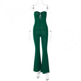 Green Fashion Sexy Streetwear Wrapped Off-The-Shoulder Slim Flared Jumpsuit