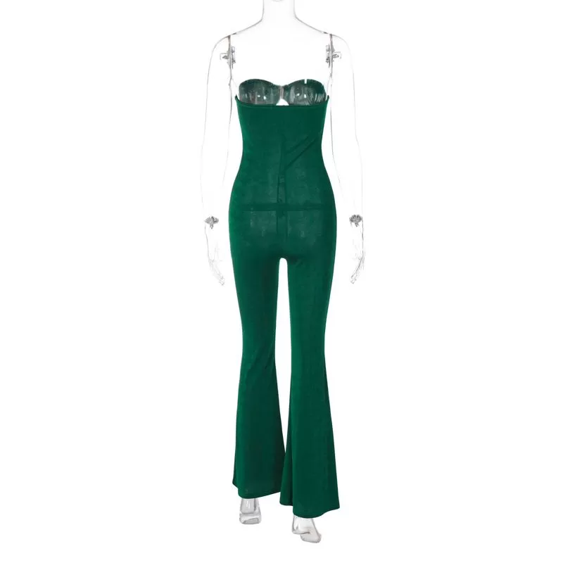 Green Fashion Sexy Streetwear Wrapped Off-The-Shoulder Slim Flared Jumpsuit