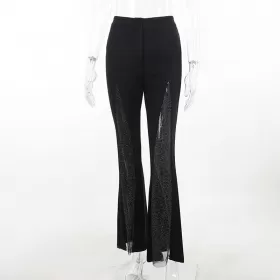 Black Paneled Sequin Design Feel Hot Girl Sexy Sheer Slim Pants For Lady