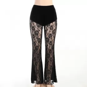 Summer Women Sexy New Black Lace Commuter Slacks Sheer Mesh Pants