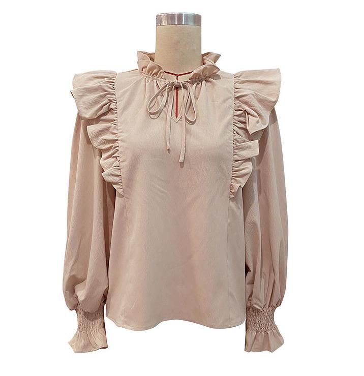 Autumn New Casual Apricot Ruffles Long Sleeves Design Sense Shirt Women Blouse