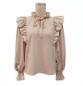 Autumn New Casual Apricot Ruffles Long Sleeves Design Sense Shirt Women Blouse