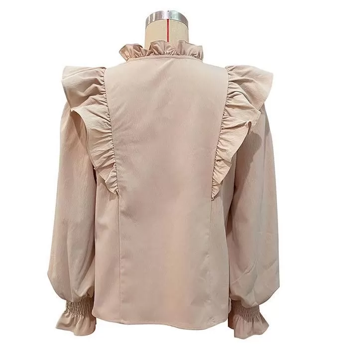 Autumn New Casual Apricot Ruffles Long Sleeves Design Sense Shirt Women Blouse