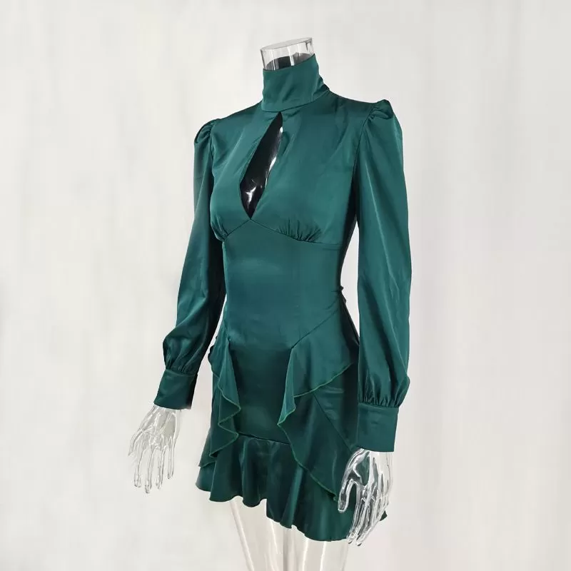 Autumn New Long-Sleeved Casual Green Irregular Ruffled Sexy Satin Puff Sleeve Dress