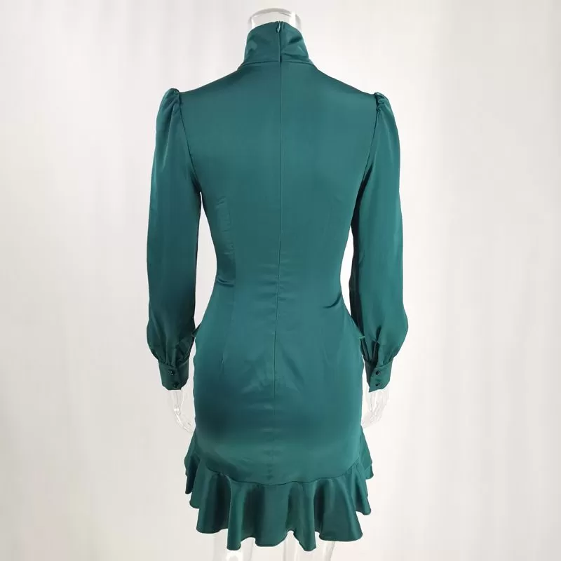 Autumn New Long-Sleeved Casual Green Irregular Ruffled Sexy Satin Puff Sleeve Dress