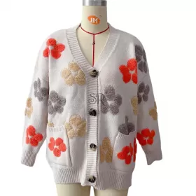 New Casual Loose Jacquard Flower Single Breasted Long Sleeve Sweater Cardigan Coat