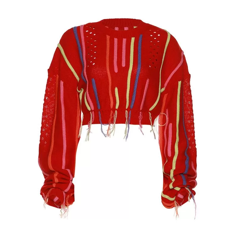 New Fashion Knitwear Matching Color Fringe Casual Ladies Sweater