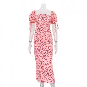 Summer vacation style floral puffed sleeve one-line collar slim-fit fashion dress