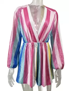 Stylish colorful striped sequin deep V long sleeve jumpsuit shorts for women