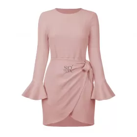 Small trumpet peplum long sleeve slim bow style haute women's dress